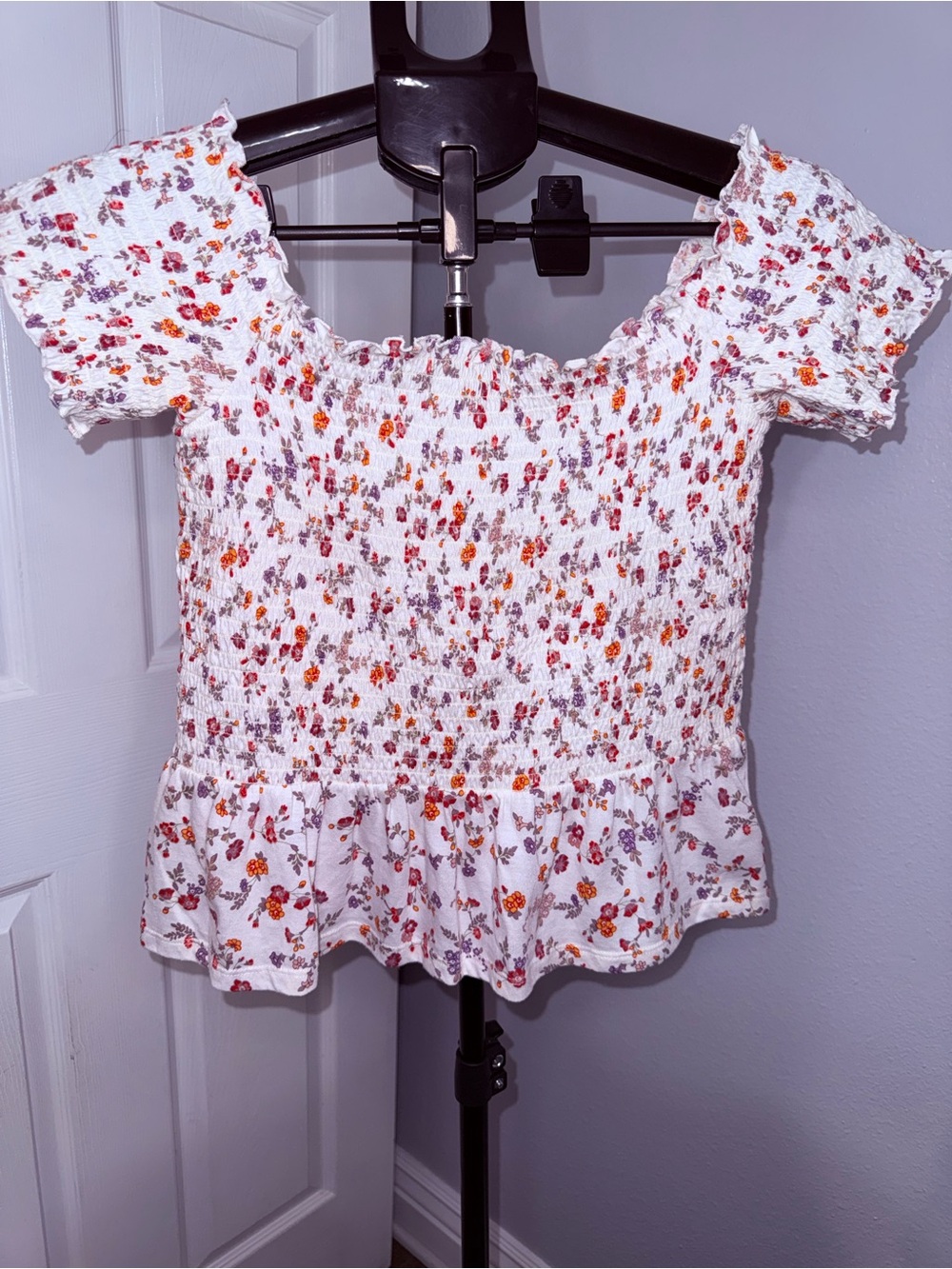 American Eagle - Floral Smocked Peplum Top - White with Orange & Purple Flowers